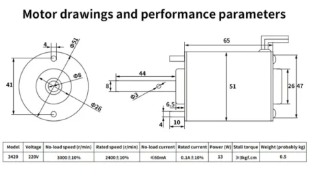 dimensions of 3420 DC220V DC12V DC110V High Speed Micro Motor